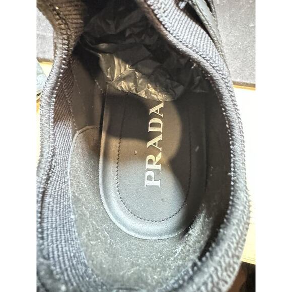 Prada XY Logo Sock Black White Knit Flat Lace Up Tie Pull LS(334022)